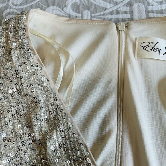 Eliza J Dress Women 10 Cream Gold Sequin Lined Cocktail Party Boho Sparkly NWT - Picture 13 of 16